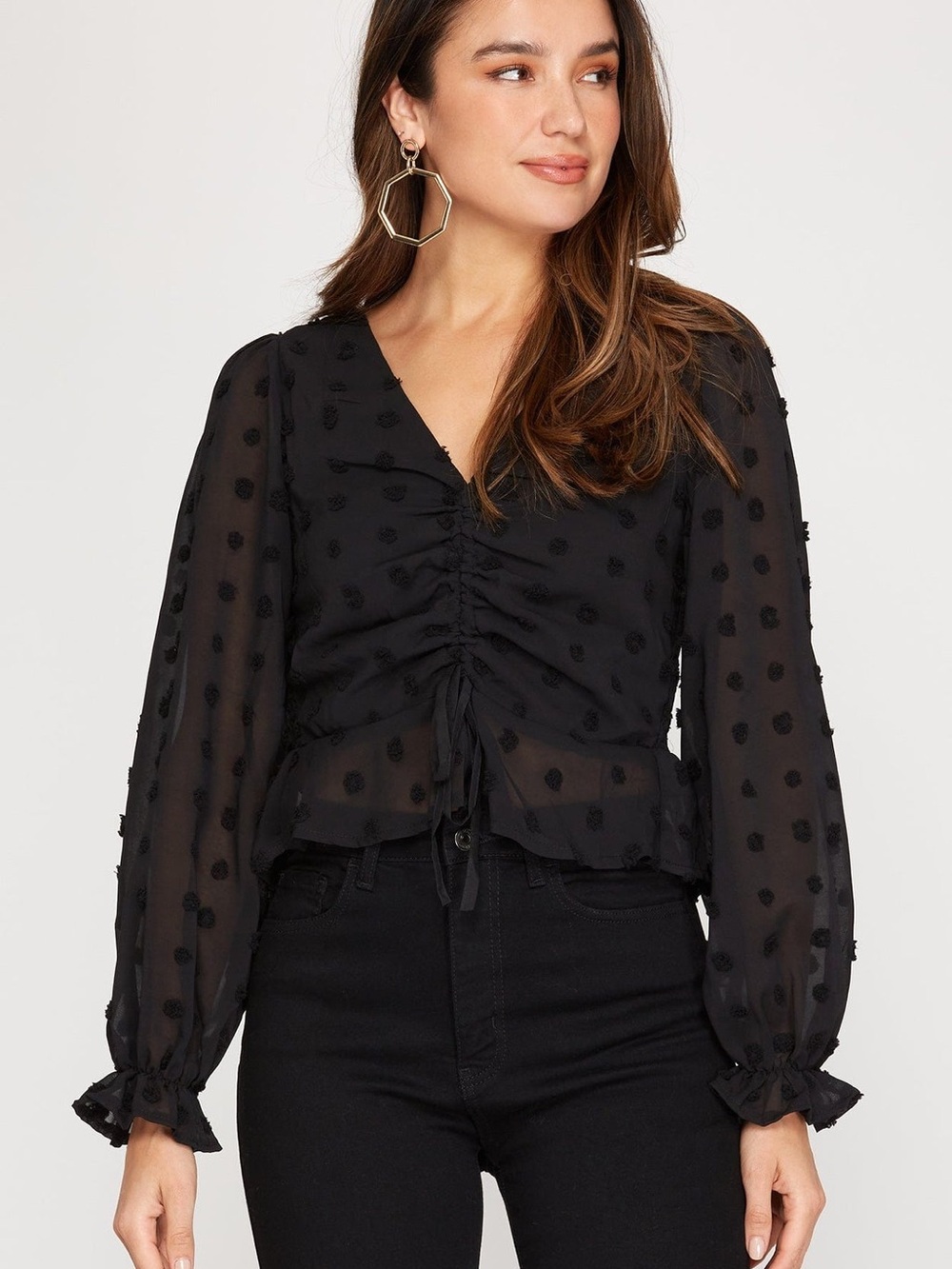 She + Sky Black Smocked Polka Dot Peplum Blouse medium